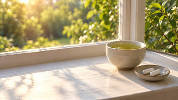 A cup of green tea on a sunny windowsill in early morning light beside a small dish of capsules