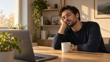 A person resting their head on one hand at a desk beside a half-finished cup of coffee in afternoon light