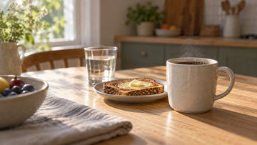 A mug of black coffee beside a plate of toast and a glass of water on a breakfast table in morning light